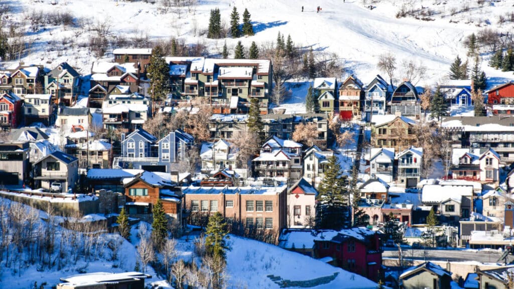 Aerial winter view of the hotels and rentals near the Park City ski area