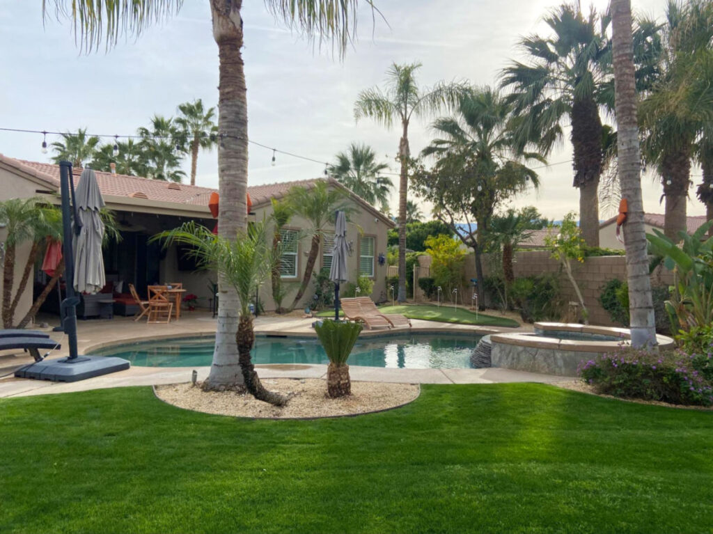 A backyard in Palm Springs, featuring a pool surrounded by palm trees
