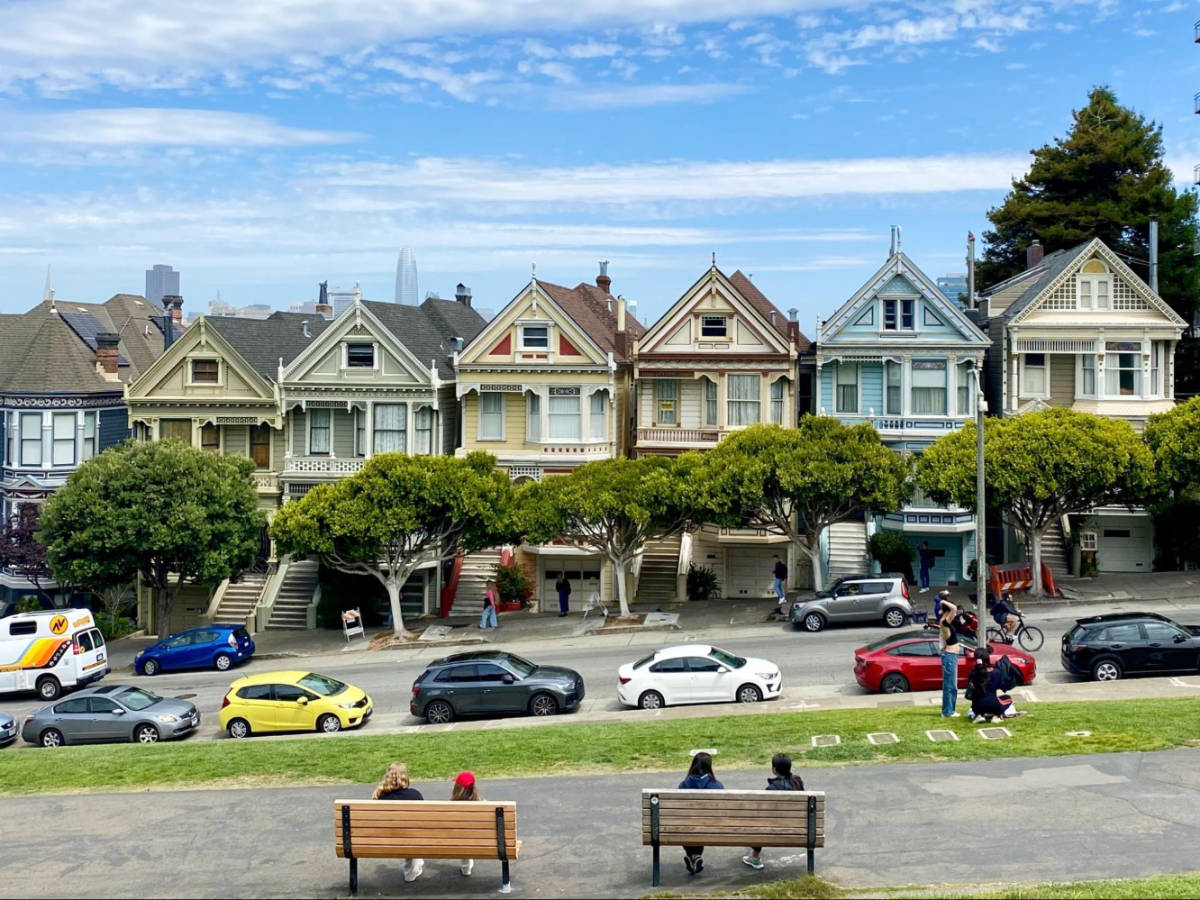 Colorful houses and cars at the Alamo Square area