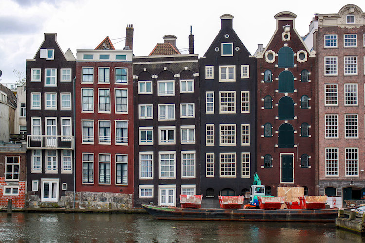 Rows of lopsided houses in Amsterdam