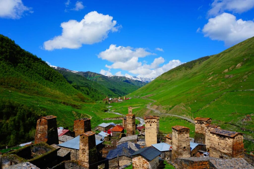 Blue sky over houses and mountain view