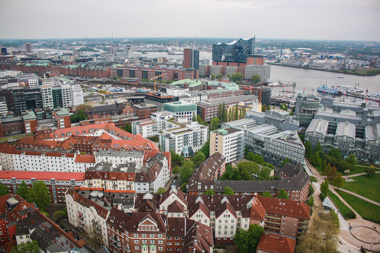 Overlooking view of buildings and houses in Hamburg