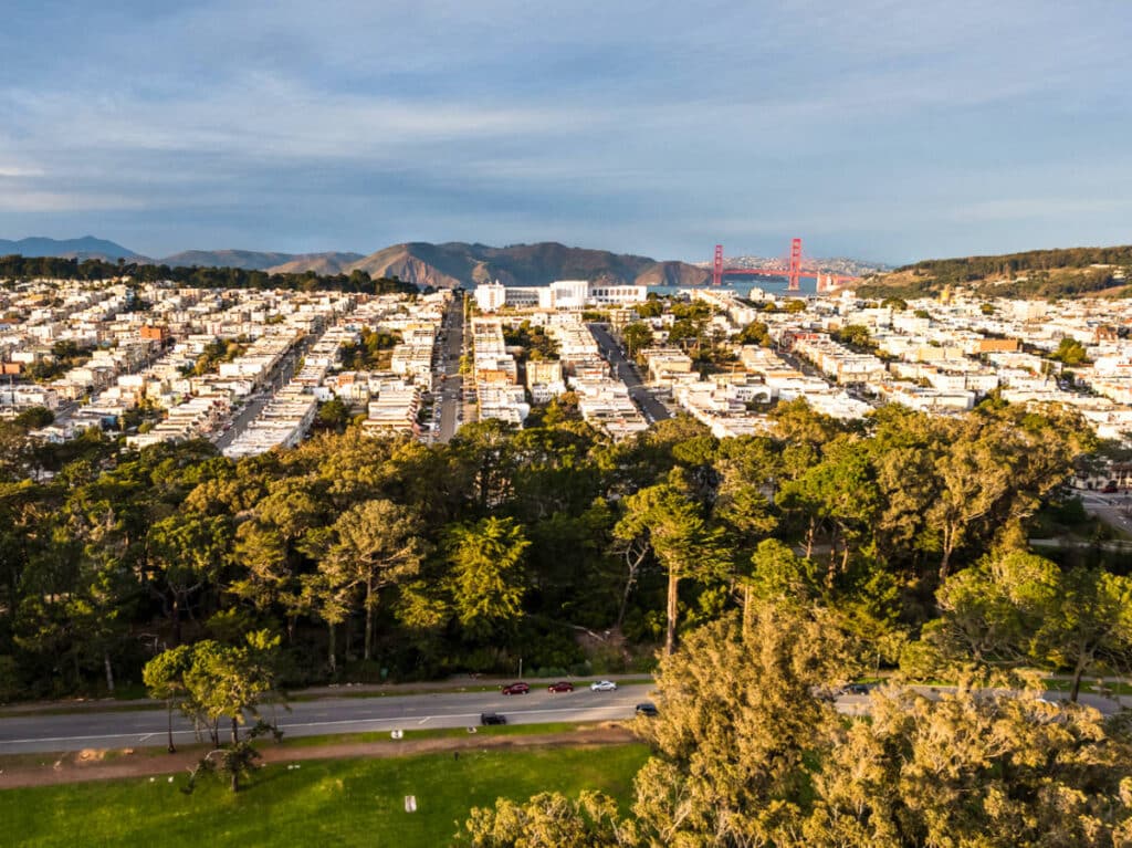 Panoramic view of the houses in Richmond and the Golden Gate Bridge in the background