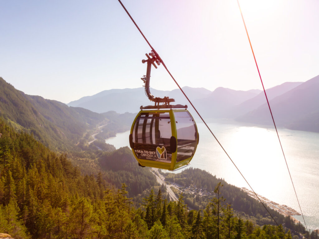 A breathtaking view of the Sea to Sky Gondola, surrounded by majestic mountains and lush greenery