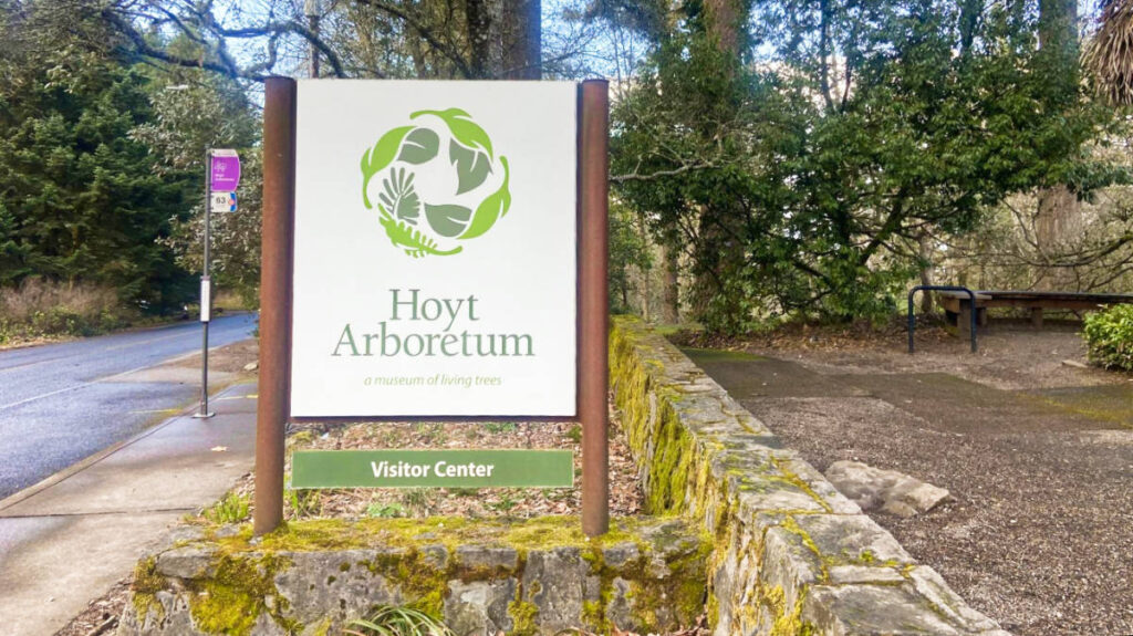 View of the signage at the entrance of Hoyt Arboretum