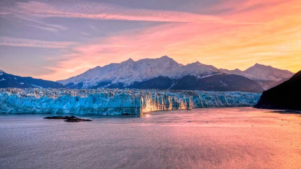 Colorful sky over the Hubbard Glacier during sunrise