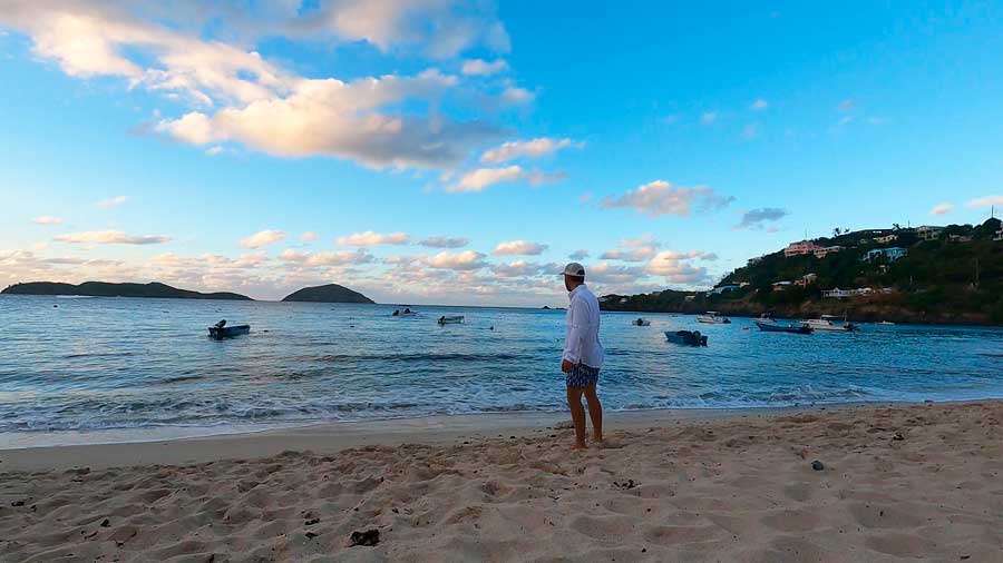 View of fishing boats in Hull Bay and the author standing on the shoreline