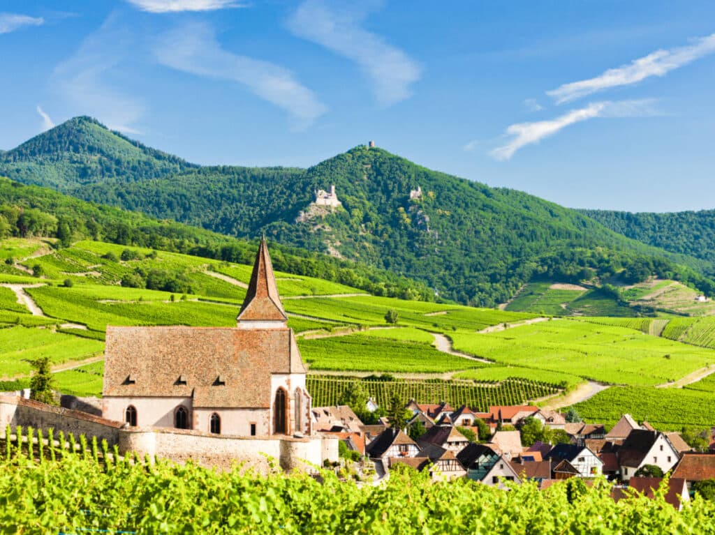 Overlooking view of the Alsatian village surrounded by greenery in Hunawihr