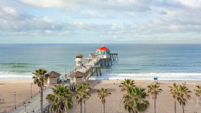 Birdseye view of the boardwalk at Huntington Beach Pier