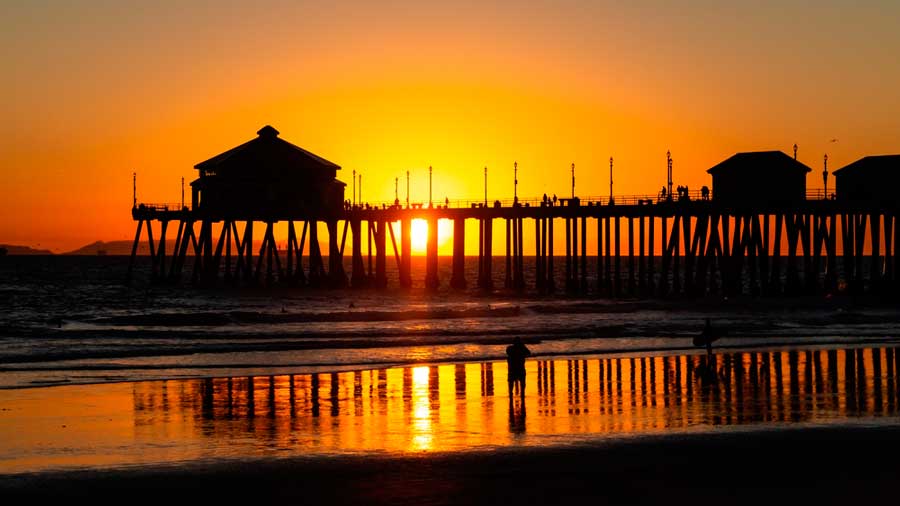 The Huntington Beach Pier silhouette during sunset