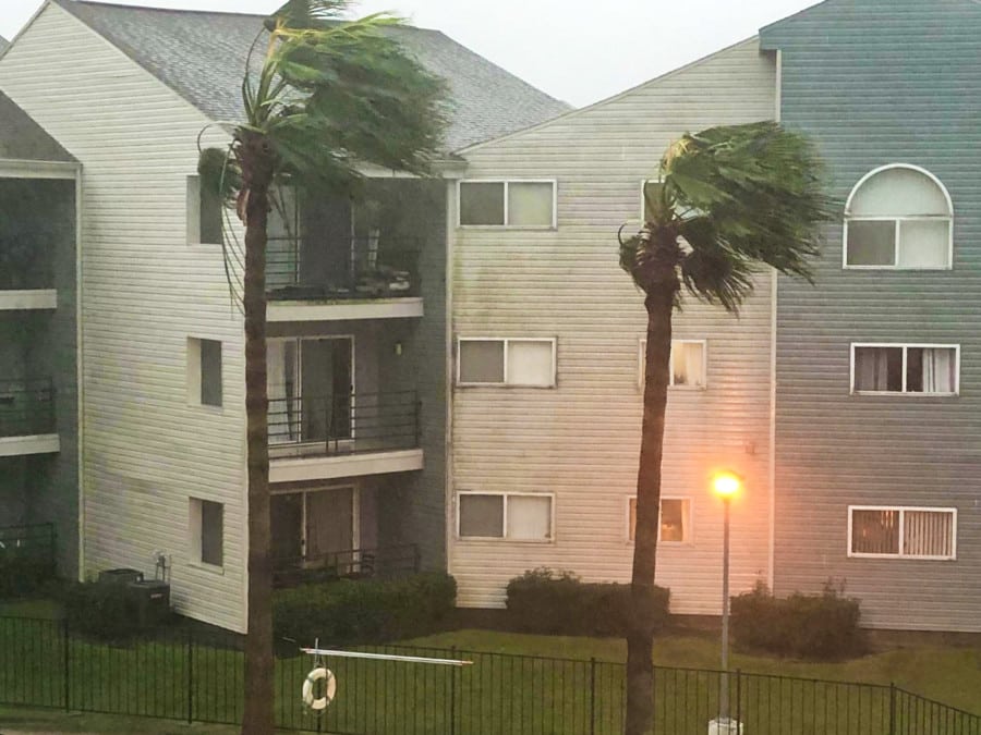 View of the heavy rain and wind in a neighborhood in New Orleans