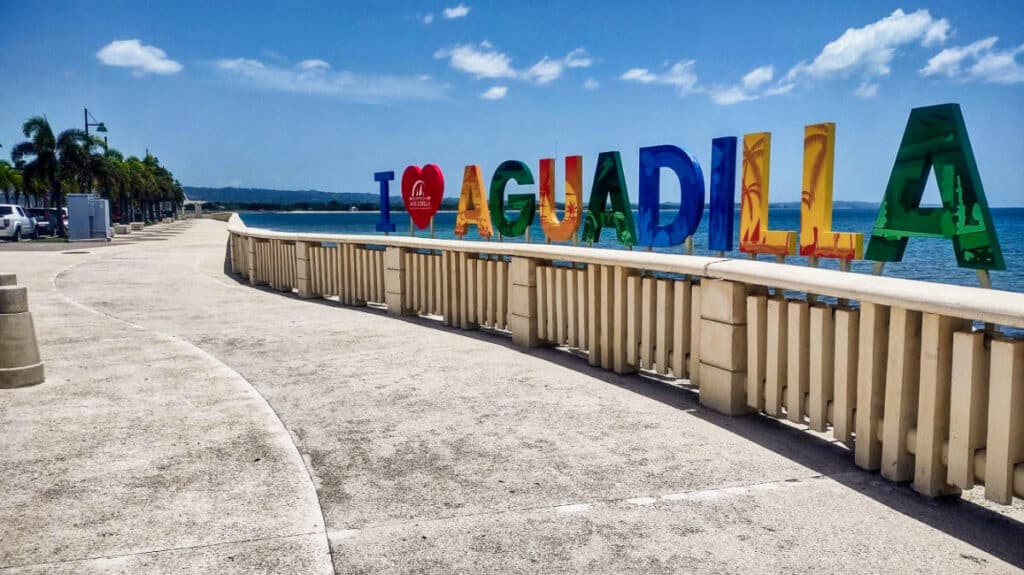 View of the "I Love Aguadilla" signage near Rompeolas Beach