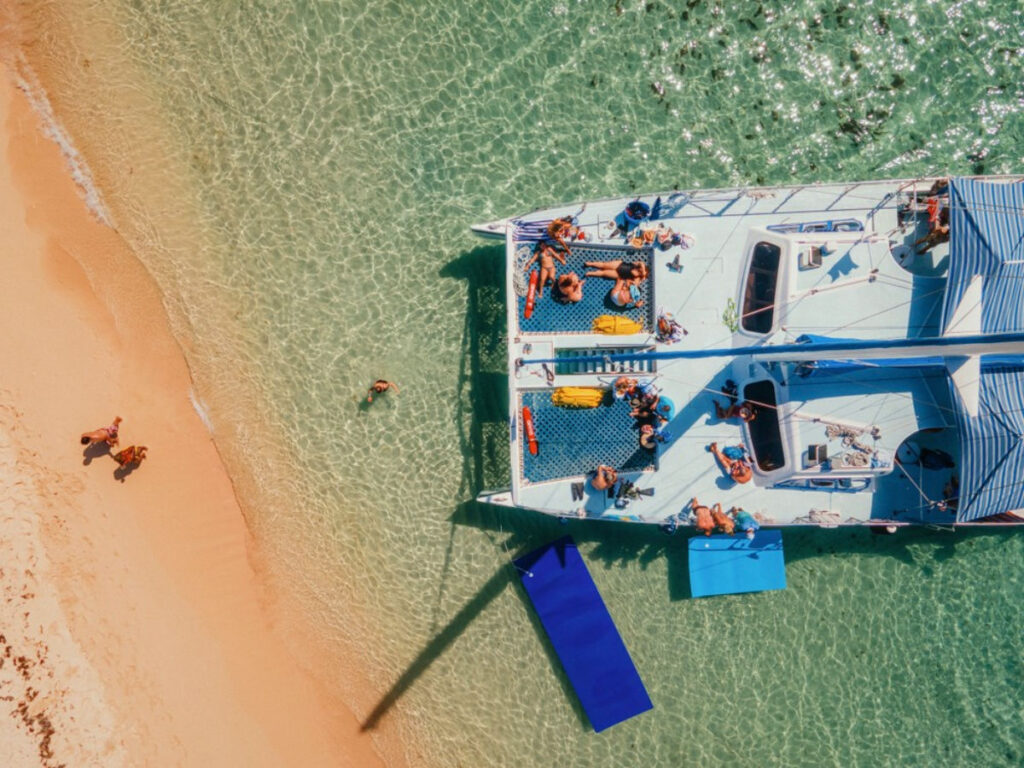 Aerial view of a catamaran anchored in the water at Icacos