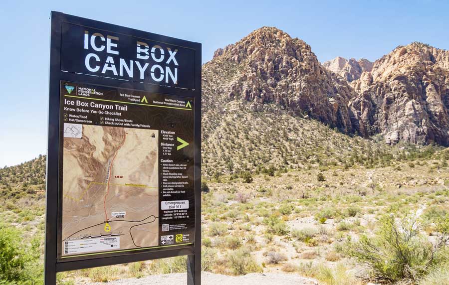 The Ice Box Canyon sign under the clear blue sky