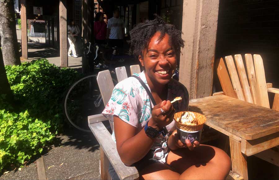 The author enjoying her ice cream in Winslow