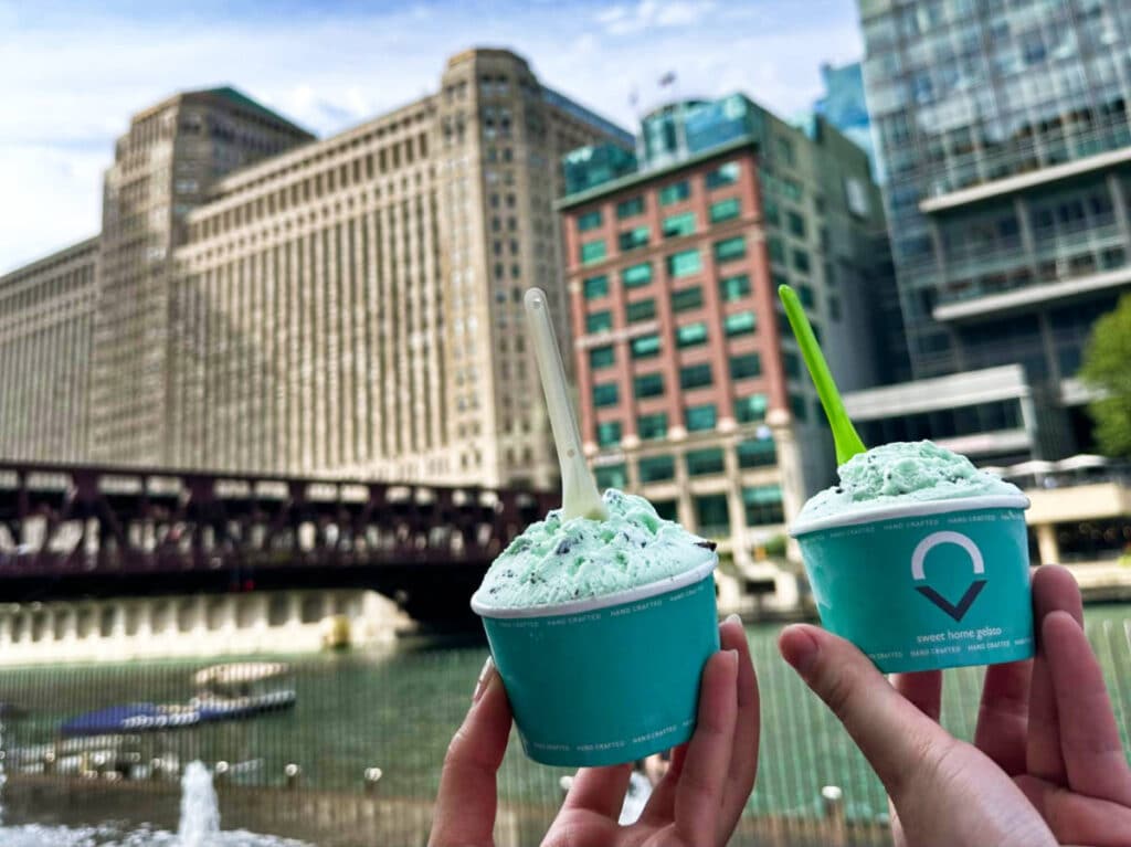 Two cups of ice cream at the Chicago Riverwalk