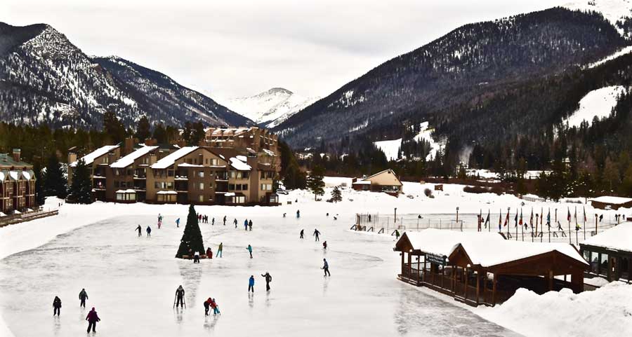 Overlooking view of people enjoying ice skating in Keystone