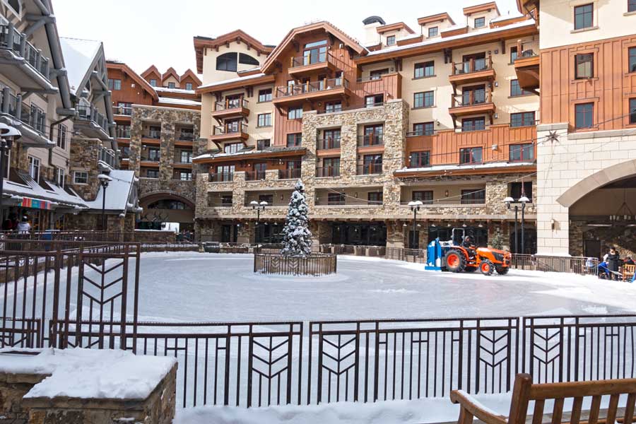 View of an ice rink on a mountain village in Telluride