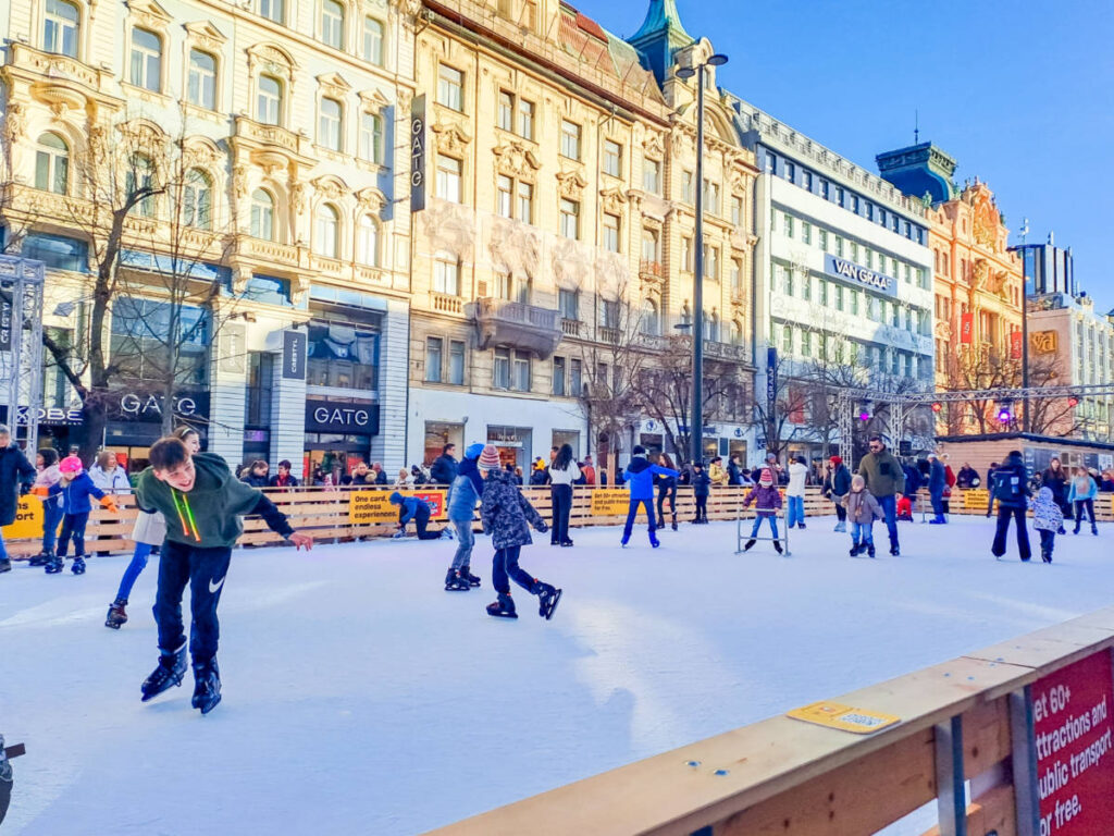 People ice skating at the ice rink at the Wenceslas Square