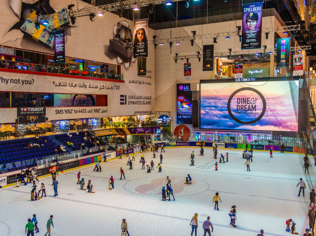 People ice skating at the Ice rink in Dubai Mall