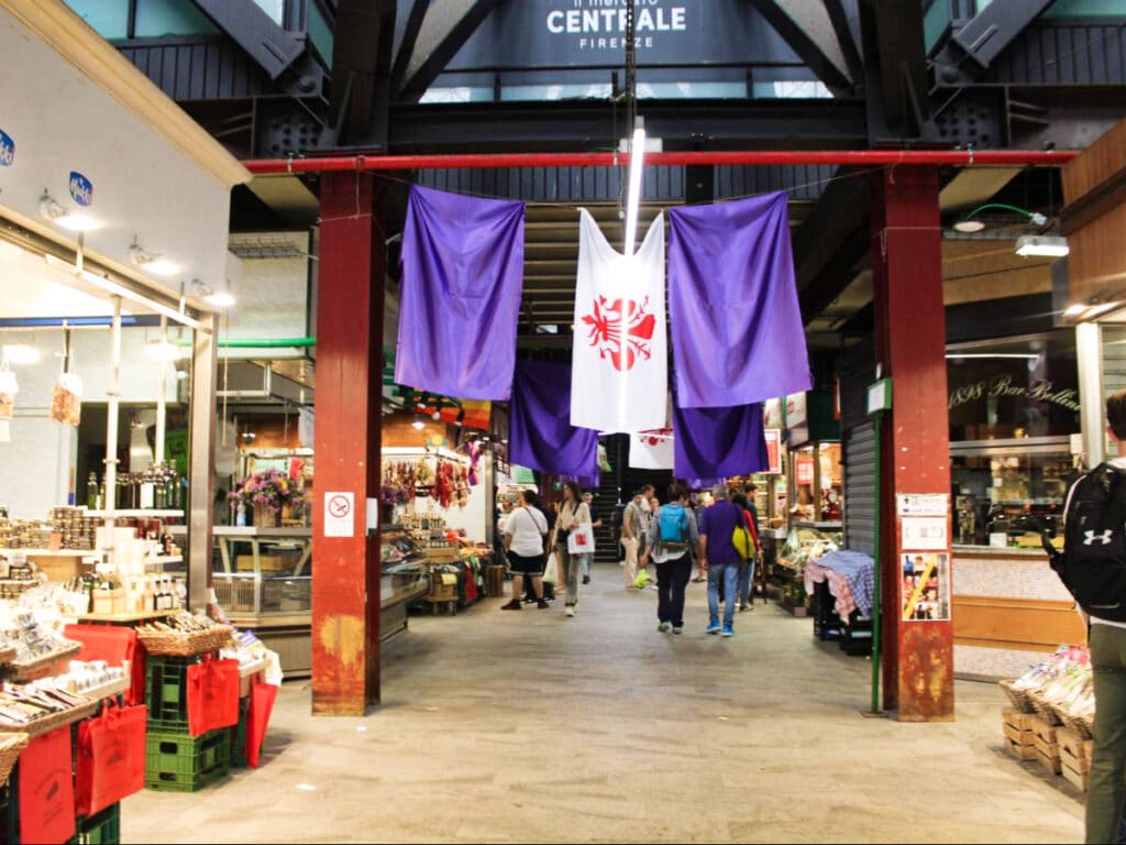 View of the stalls around the Il Mercato Centrale in Florence