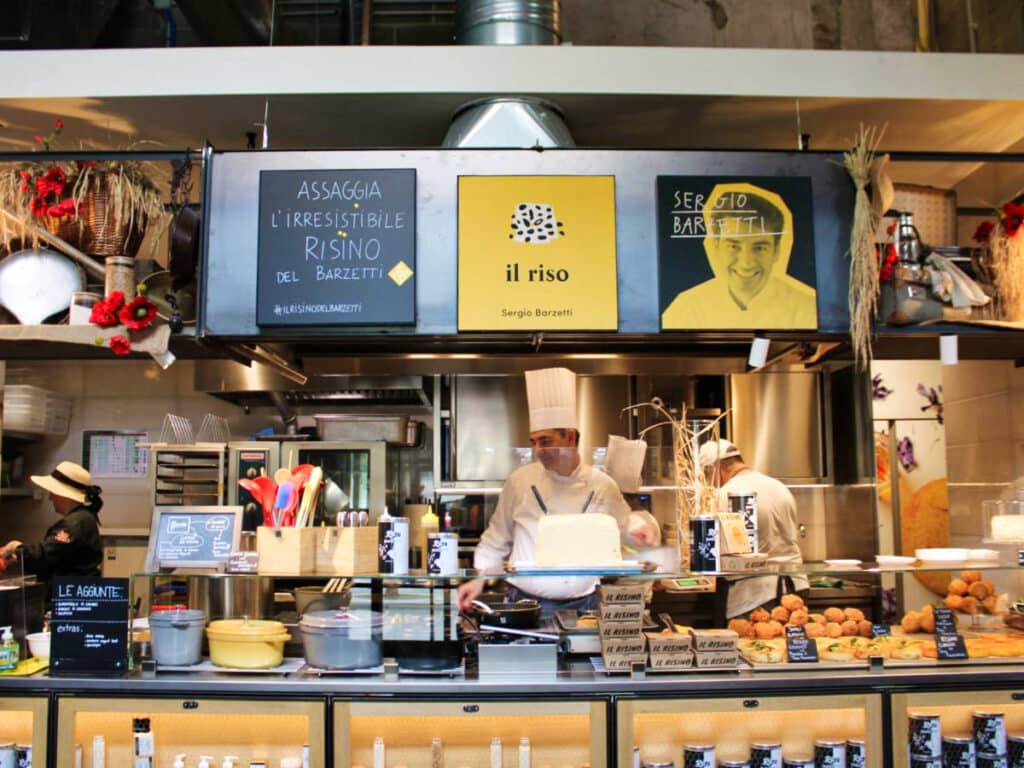 View of the stall of Il Riso in Central Milan Market