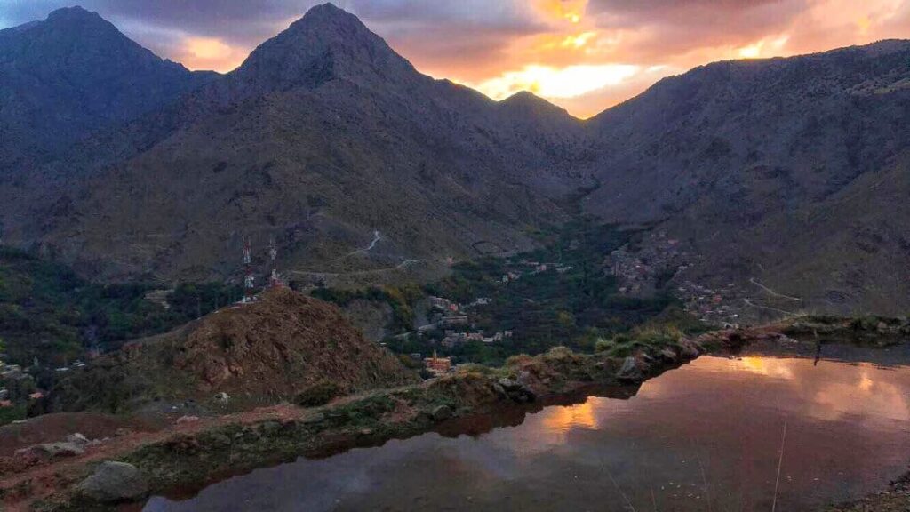Aerial view of the mountain valley at sunset
