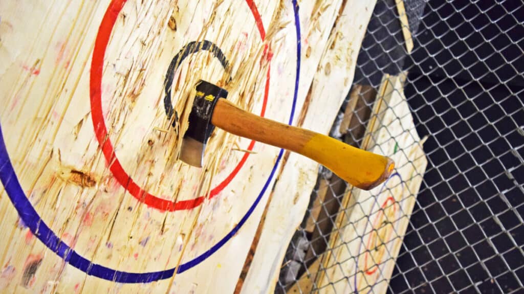 Closeup view of the indoor axe throwing