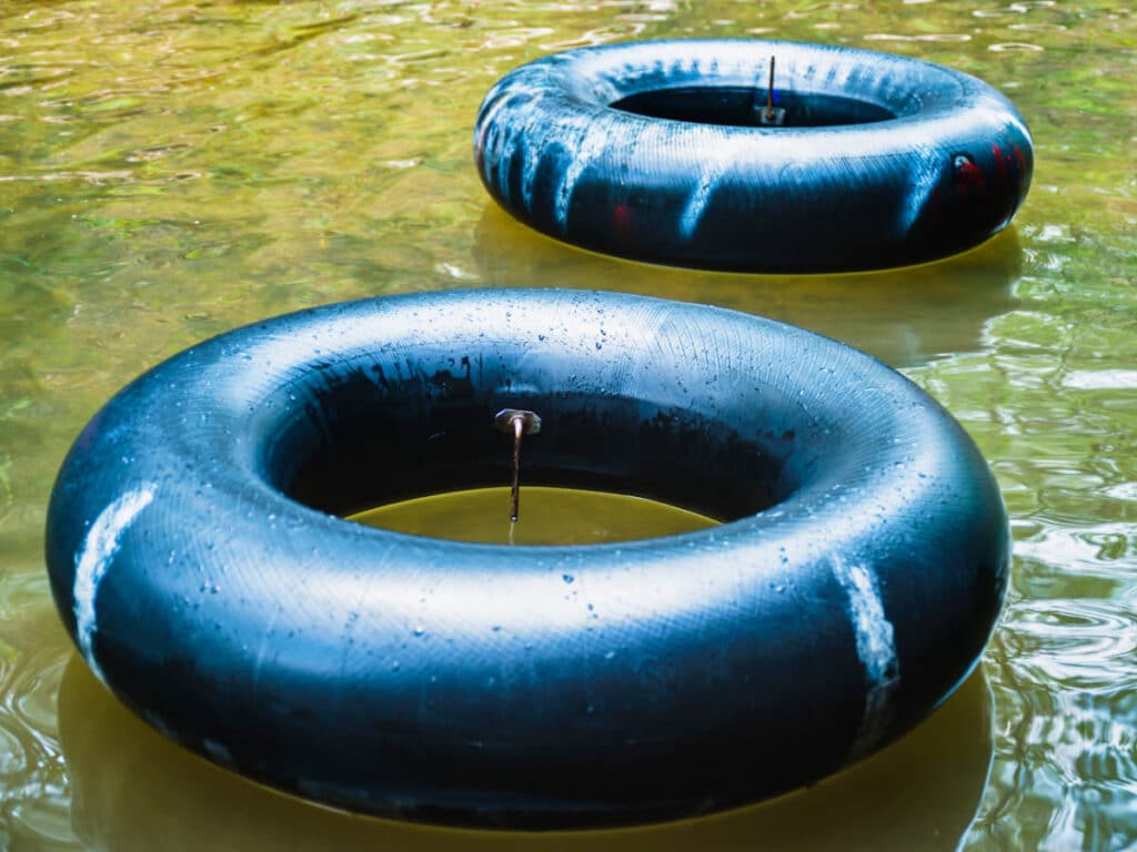 View of the inner tubes floating on the river