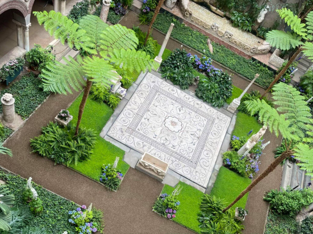Aerial view of the courtyard inside the Isabella Stewart Gardner Museum