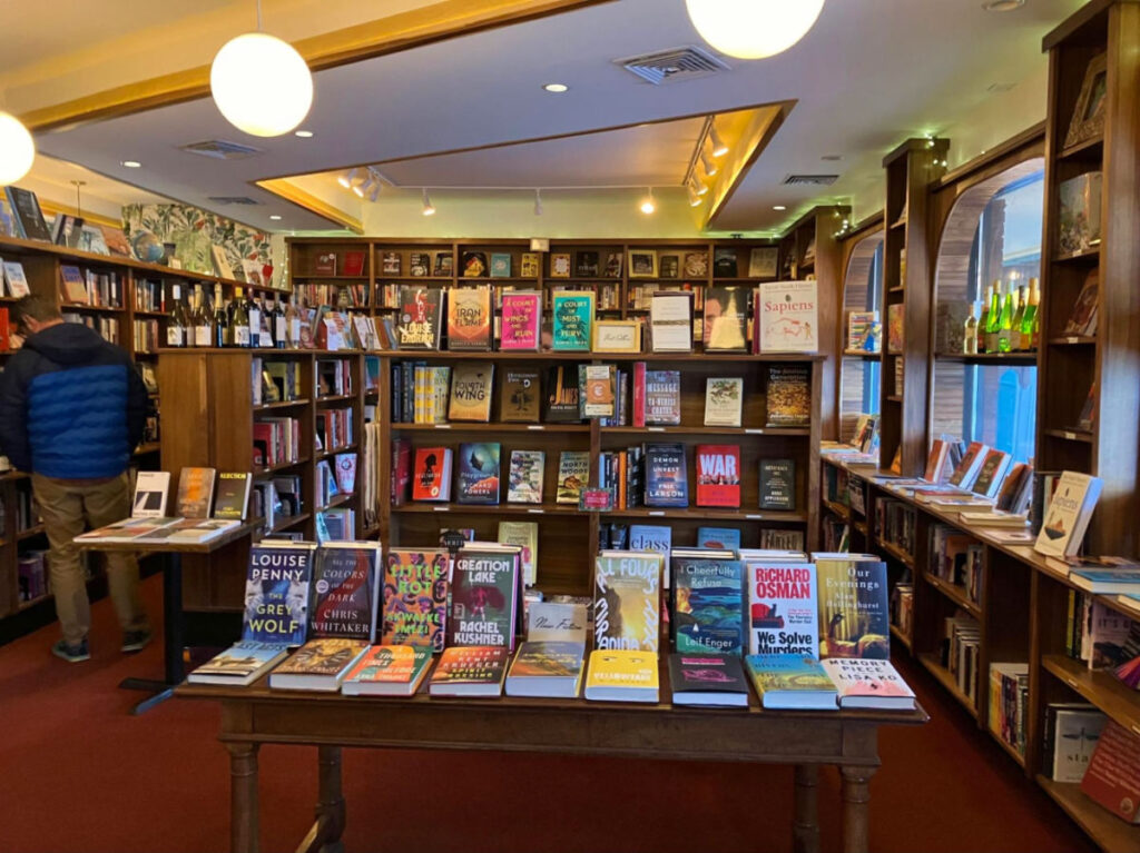 View of the books and wines on display inside Leopold’s