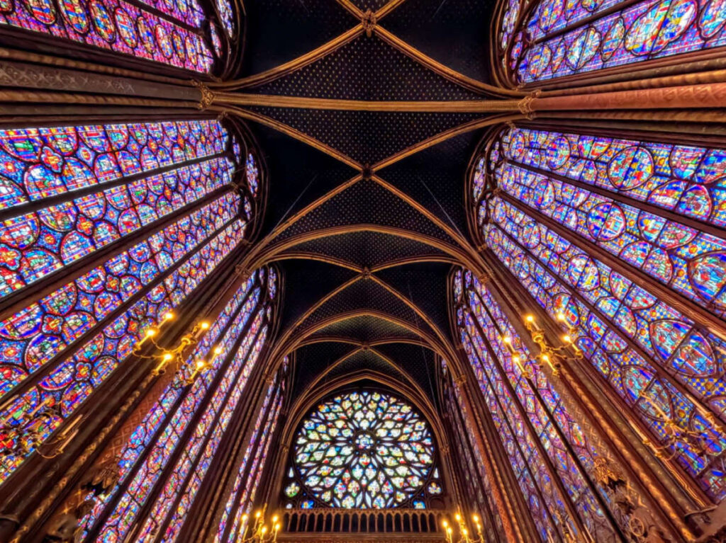 View of the mesmerizing intricate interior of the stained glass windows of Saint Chapelle