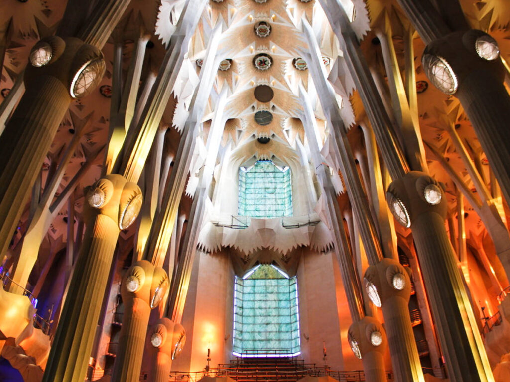View of the intricate ceiling and columns inside the La Sagrada Familia