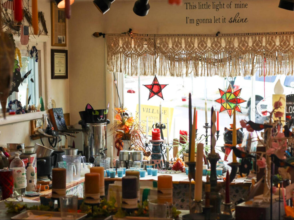 View of the colorful displays inside the Little Light of Mine Village Candle