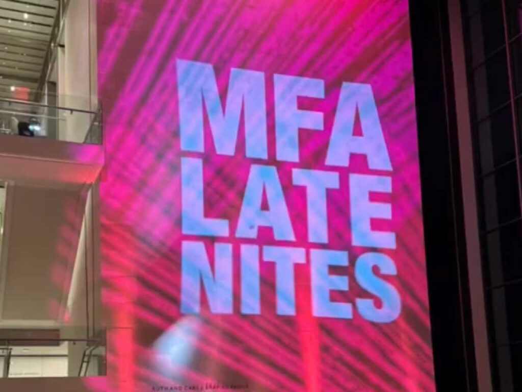 View of the LED screen inside the Museum of Fine Arts during Late Nites