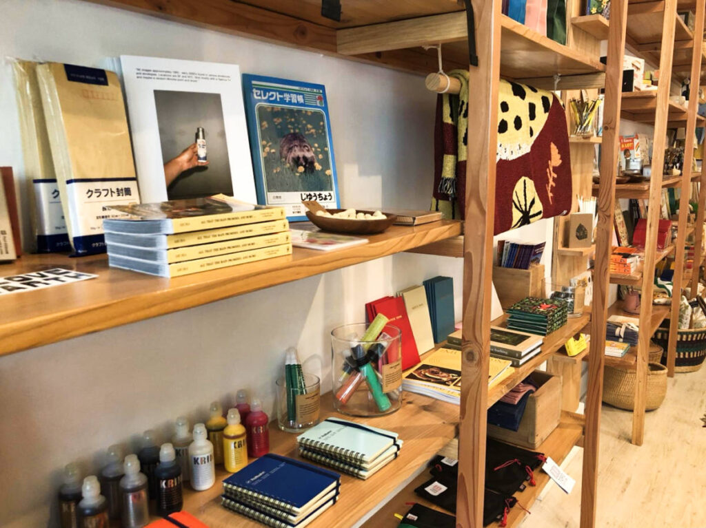 View of the product displays on the shelves inside the shop
