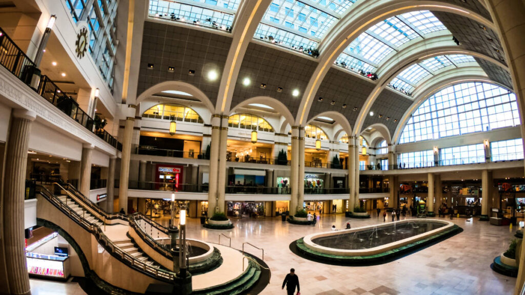 View inside the glass roofed Tower City Center in Terminal Tower