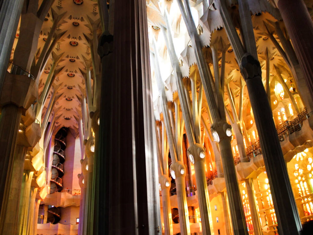 View of the intricate columns inside the La Sagrada Familia