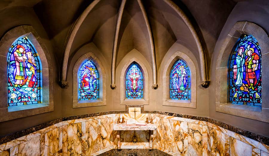 View of the colorful stained glass windows from the inside of Cathedral Basilica of the Assumption