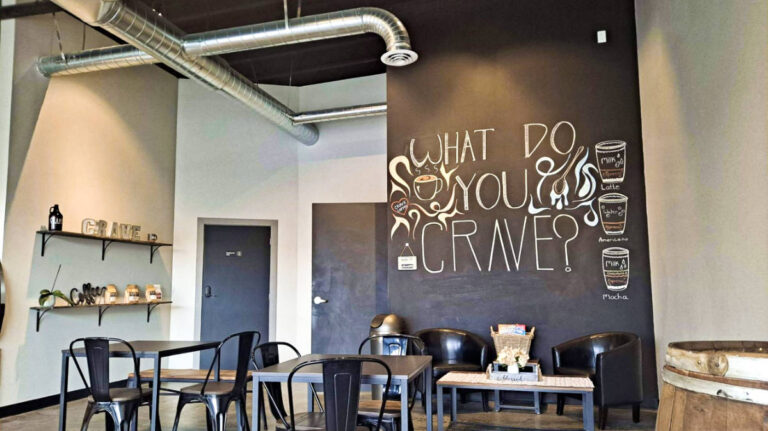 View of the simple interior of Crave Coffee