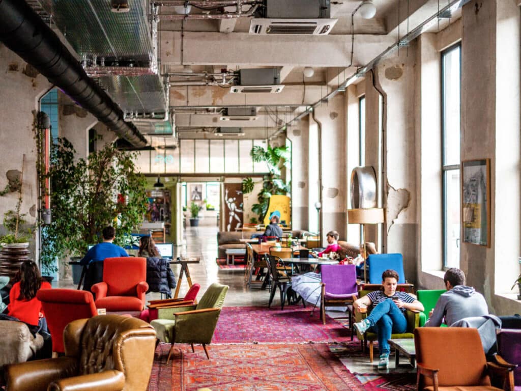 View of the colorful seating area inside Fabrika