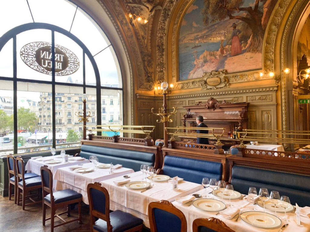 Glamorous interior of the fine dining restaurant of Le Train Bleu