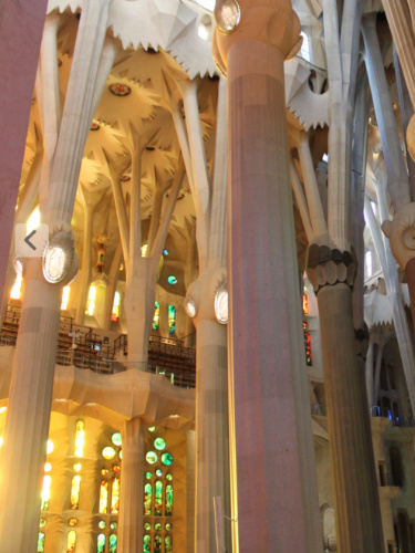 View of the stained glass windows and the intricate interior of La Sagrada Familia