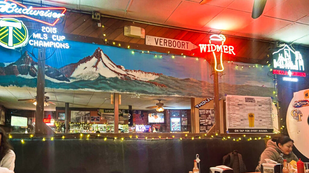 View of the neon lights inside the brewery in Pearl District