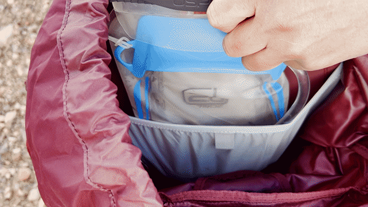 Skycie showing the internal hydration reservoir sleeve of the Osprey Aura AG LT