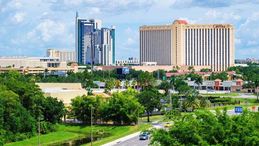 Panoramic view of Hyatt Regency Orlando and Rosen Centre Hotel