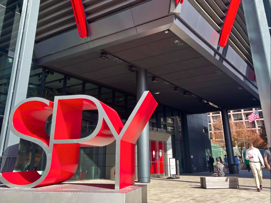 View at the entrance and big red signage of SPY at International Spy Museum
