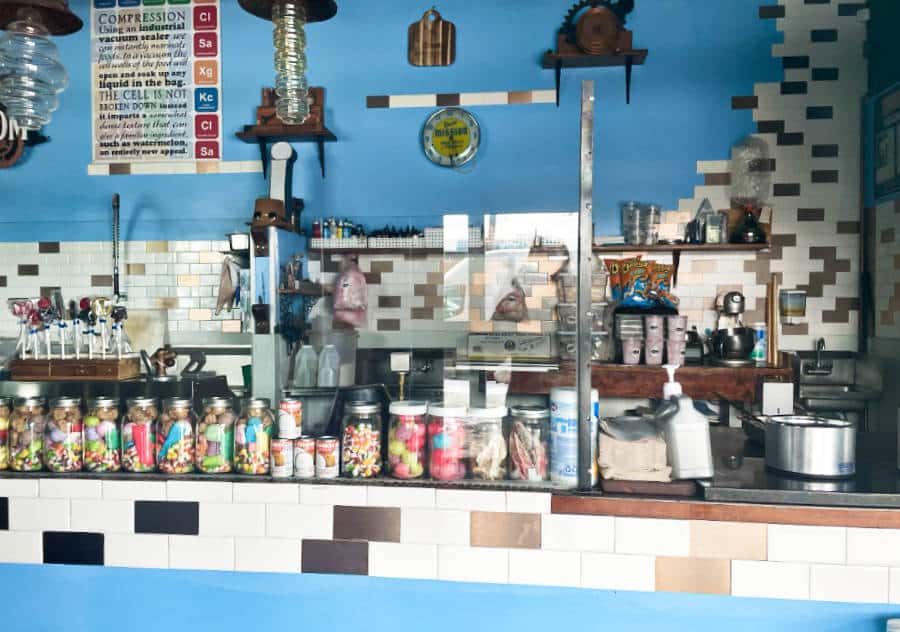 View of the colorful and unique sweets at the counter of Inventing Room Dessert Shop