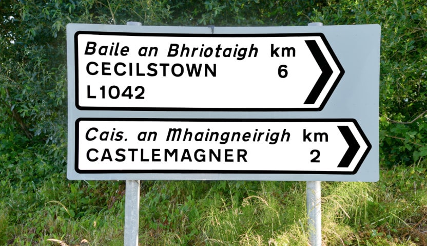 Irish road sign in English and Gaelic