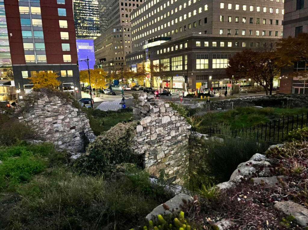 Overlooking view of the Irish Hunger Memorial at dusk